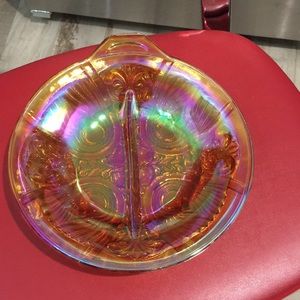 Vintage amber carnival glass divided trinket dish